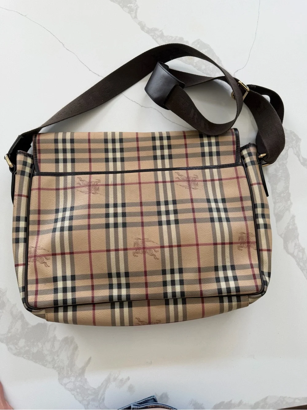 Burberry Haymarket Check Coated Canvas Messenger Bag.